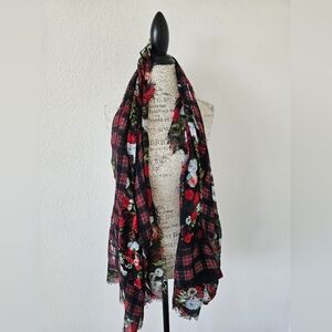 BCBGeneration Mixed Print Scarf - Red Plaid & Floral Tartan Wrap